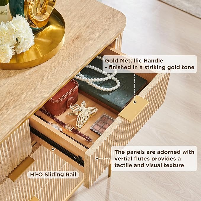 T4TREAM 7-Drawer Dresser Fluted Design, with Gold Accents (Natural Oak)