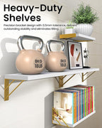 BAYKA Wall Shelves for Bedroom Decor, Floating Wall Shelves for Living Room Kitchen Storage, Wall Mounted Rustic Wood Shelves for Kids Books, Corner Shelf for Bathroom(White and Gold，Set of 4)