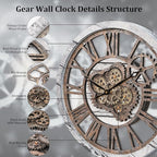 HOIBAI Large Wall Clock, 20 Inch Wall Clocks for Living Room Decor Farmhouse Vintage Rustic Kitchen Wall Decor Vintage Roman Big Oversized Wall Clock for Home Bedroom House Office, Moving Gears Clock