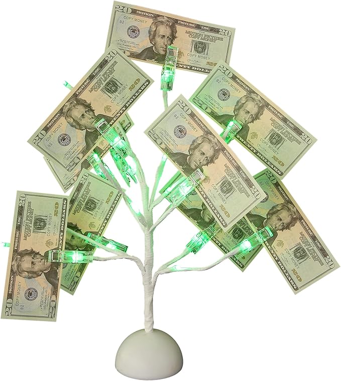 Money Tree Gift Card Holder Table Stand Creative Display with Green Lights and 10 Clips for Chirstmas, Graduation and Birthday
