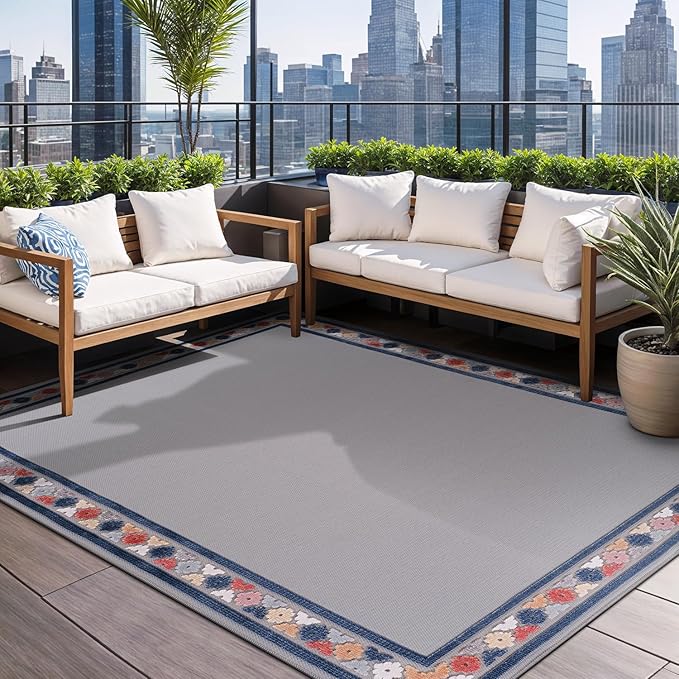 Beverly Rug Outdoor Rug 10x14 Modern Bordered Large Area Rugs for Indoor and Outdoor Patio Easy to Clean Non Shedding Living Room Porch Garden Washable Outside Carpet (10 x 14 Gray)