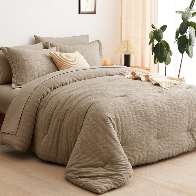 CozyLux Full Size Comforter Sets with Sheets Seersucker 7 Pieces Taupe Bed in a Bag Textured Luxury Soft Bedding Set with Down Alternative Comforter, Sheets, Pillowcases & Shams for All Seasons