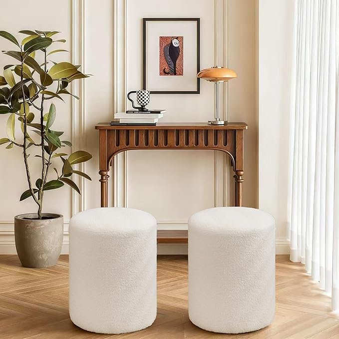 Modern Round Ottoman, Classic Foot Stool Ottoman, Teddy Fleece Upholstered Vanity Stool for Makeup, Bedroom, Living Room, White