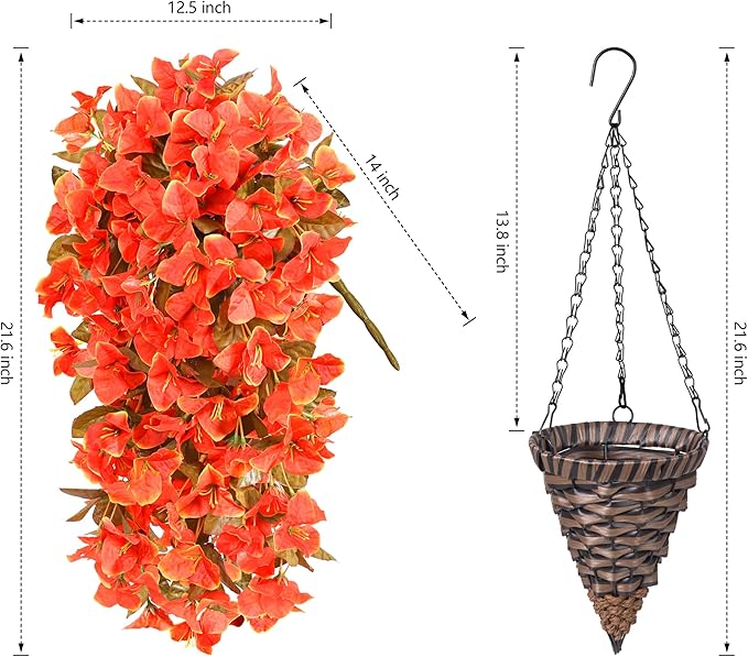 Bougainvillea Artificial Fall Flowers Fake Plants for Outdoors Autumn Decoration, 3PCS Faux Silk Hanging Trailing Vines with Baskets UV Resistant Realistic for Front Door Patio Balcony, Fall Orange
