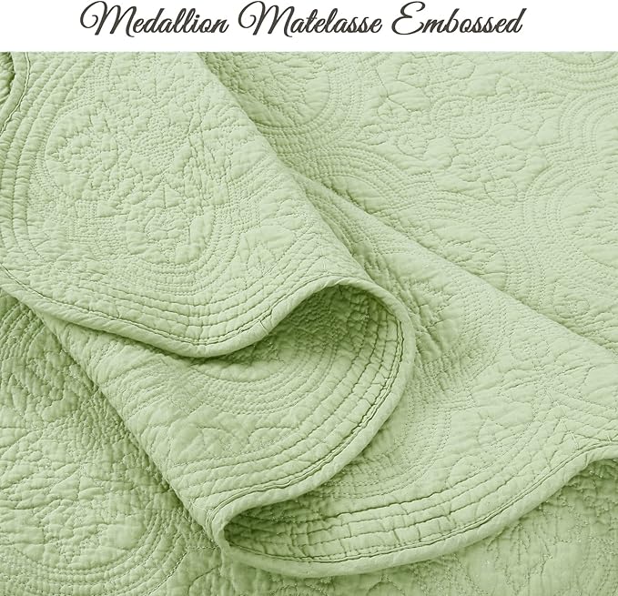 Cozy Line Home Fashions 100% Cotton Medallion Matelasse Embossed Bedding Quilt Set, Reversible Lightweight Bedspread, Coverlet for All Season (Blantyre - Green, Queen - 3 Piece)