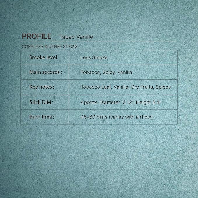 Tabac Vanille Coreless Pure Incense Sticks, Artisan-Crafted Niche Scent, Exclusive Low-Smoke Bamboo Charcoal Formula, Clean-Burning, 1-Hour Burn Time, 20 Sticks