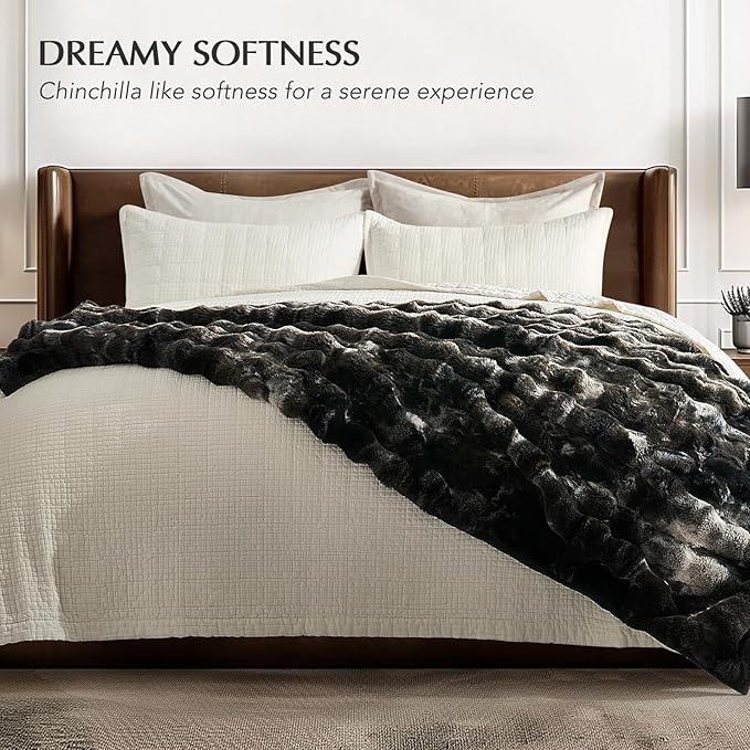 EVERGRACE Ultra Soft Luxury Fluffy Ridgeline Faux Rabbit Fur Bubble Throw Blanket, Thick Warm Fuzzy Throw for Bed, Cozy Plush Reversible Blanket for Couch,Charcoal Gray Heather, 60x80 Inches, 870 GSM