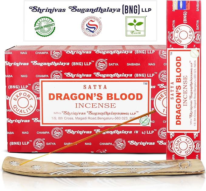 Satya Dragon Blood Incense Sticks, Satya Bng (Bangalore) Insenses 15gmx12 Pack with Raajsee Incense Holder Bundle, Satya Nag Champa Natural Incense