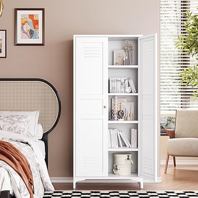 Letaya White Storage Cabinet with Feets-Metal Home Kitchen Pantry Cabinets with Doors and Adjustable Shelves,Organization Locker for Cupboard/Bedroom/Dining/Living/Bathroom/Office/Garage Room (White)