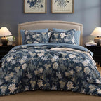 Full Comforter Set -7 Pieces Floral Navy Blue Comforter Set for All Seasons, Bed in a Bag Full with Botanical Flowers Comforter, Sheets, Pillowcases & Shams