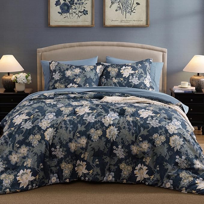 Queen Comforter Set -7 Pieces Floral Navy Blue Comforter Set for All Seasons, Bed in a Bag Queen with Botanical Flowers Comforter, Sheets, Pillowcases & Shams