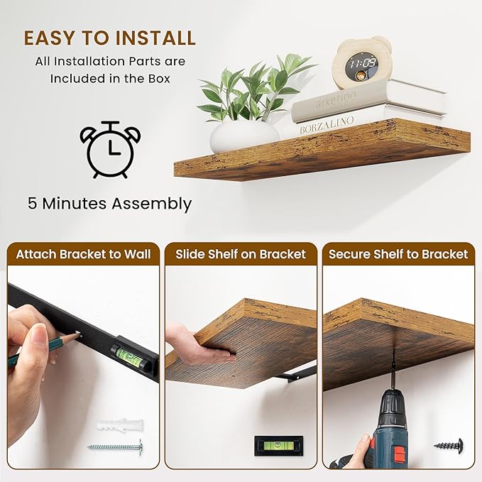 36 Inch Floating Shelves, 9.3 Inch Deep Rustic Wall Shelves - Extra Deeper Wall Mounted Storage Shelves for Bathroom, Kitchen, Living Room (Brown, Set of 2)