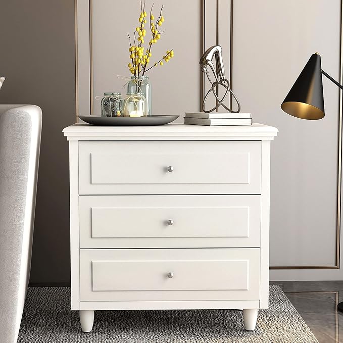 Lamerge White Nightstand with 3 Drawers,Sofa Side Table/End Table,Wooden Legs,Storage Cabinet for Bedroom, Living Room, 15.75" D x 21.65" W x 23.6" H, LWN3