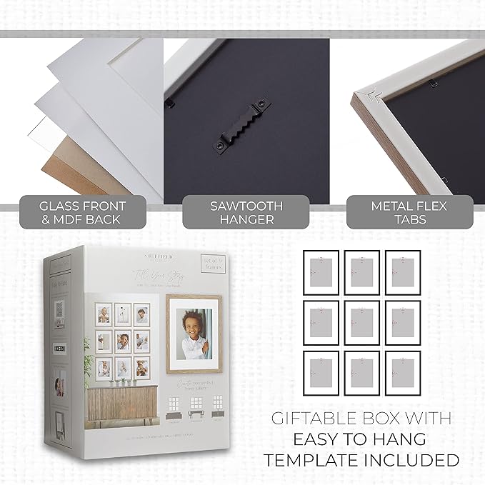 Sheffield Home 9 Piece Gallery Wall Frame Set, 11x14 Inch, Light Natural