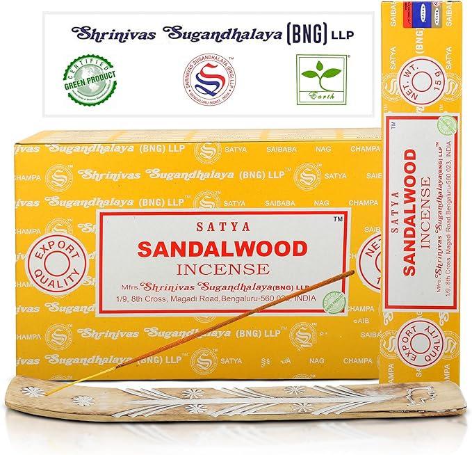 Satya Sandalwood Incense Sticks, Satya Bng Insens 15gmx12 Pack with Raajsee Insence Holder Bundle, Satya Nagchampa Natural Incence