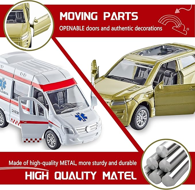 KIDAMI Die-cast Metal Toy Cars Set of 5, Openable Doors, Pull Back Cars Ambulance, Gift Pack for Kids (Official Car Ⅱ)