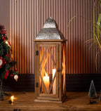 Large Farmhouse Wooden Metal Lantern Set of 2, Rustic Decorative Floor Candle Lanterns, Indoor/Outdoor Hanging Lanterns for Home Decor (No Glass)