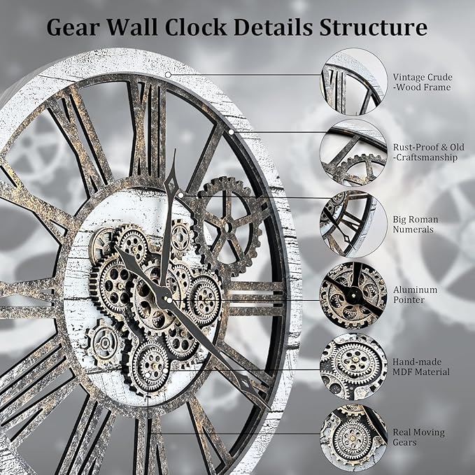 HOIBAI Large Wall Clock, Wall Clocks for Living Room Decor 36 Inch Farmhouse Vintage Rustic Kitchen Wall Decor Vintage Roman Oversized Wall Clock for Home Bedroom House, Moving Gears Clock