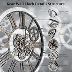 HOIBAI Large Wall Clock, Wall Clocks for Living Room Decor 36 Inch Farmhouse Vintage Rustic Kitchen Wall Decor Vintage Roman Oversized Wall Clock for Home Bedroom House, Moving Gears Clock