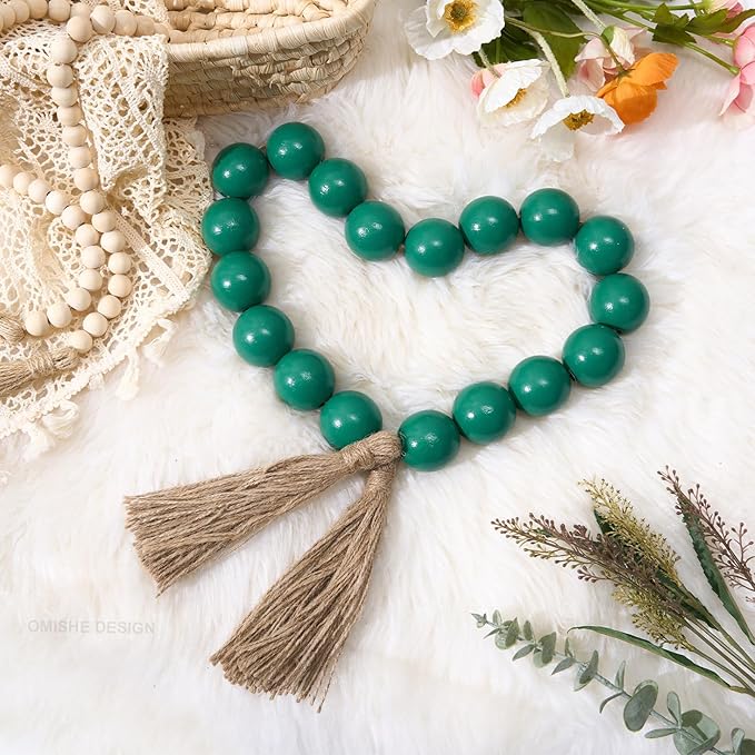 OMISHE Extra Large Wood Bead Garland Green with 1.6" Diameter Wooden Beads and Tassels, 41" Long Rustic Farmhouse Country Decorative Beads for Home Tiered Tray Decor, Green
