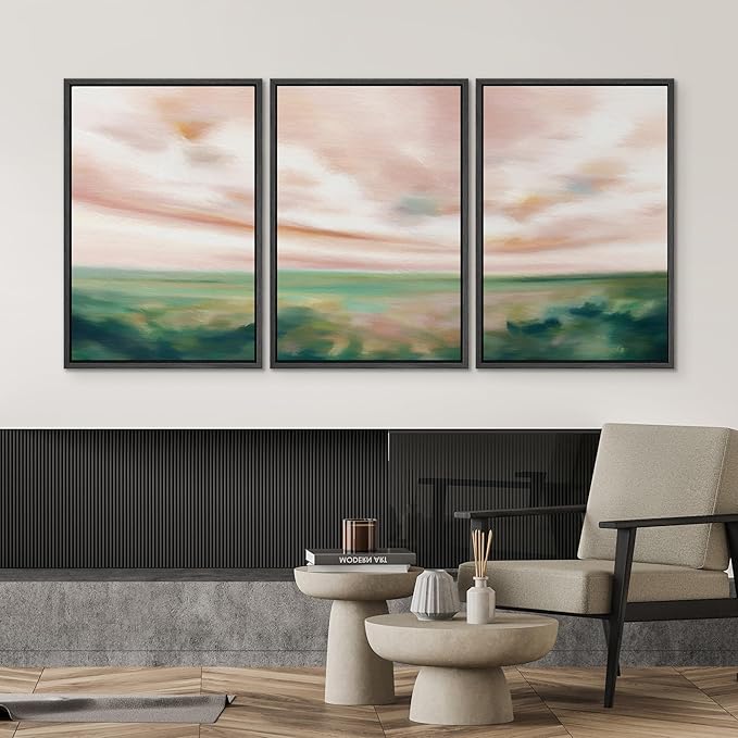 SIGNWIN Framed Canvas Print Wall Art Set Pastel Watercolor Pink Cloud Sky Green Countryside Hill Nature Wilderness Illustrations Modern Art Decorative Scenic Relax/Calm for Bedroom - 24"x36"x3 Black