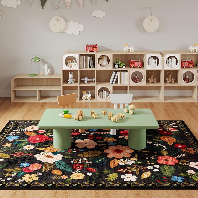 Living Room Rug 5x7 Rug Machine Washable Boho Area Rug Non Slip Floral Vintage Low Pile Large Rugs for Living Room, Bedroom, Farmhouse, Dining Room, Kids Playroom(Black)