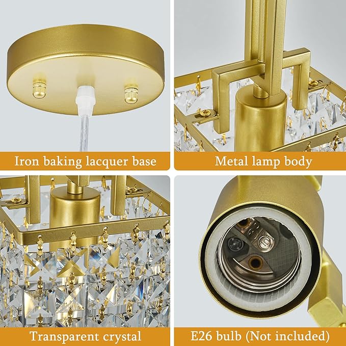 Modern Crystal Pendant Light Kitchen Island Farmhouse Lamp Adjustable Height Hanging Lighting Square Gold Chandelier Suitable for Kitchen Island Dining Room and Bedroom(1Pack)