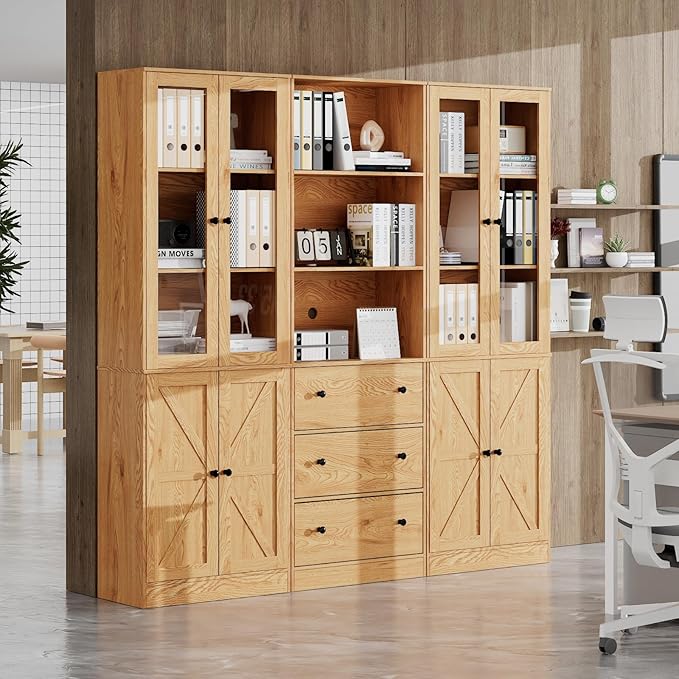 71" Tall Bookshelves Set of 3, 1 Bookcase with Drawers & 2 Bookshelves with Doors, Wooden Floor Standing Display Storage Shelves for Home Office, Living Room