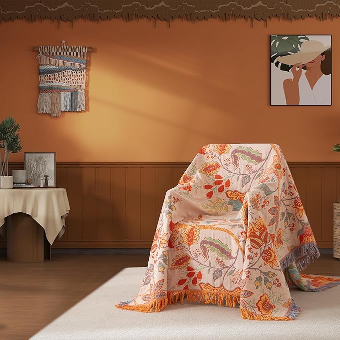 Boho Throw Blanket Full Size, Soft Cozy Cotton Muslin Quilt Blanket for Bed Decor, Floral Patterned Couch Sofa Chair Cover, Vintage Farmhouse Cottage Tapestry Woven Blanket, Coral&Green