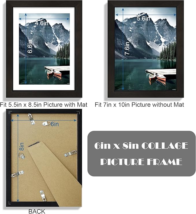 6x8 Picture Frame with Real Glass - Display Pictures 5x7 with Mat or 6 x 8 without Mat, Photo Frame for Wall or Table Top Display(Black, 3 Pack)