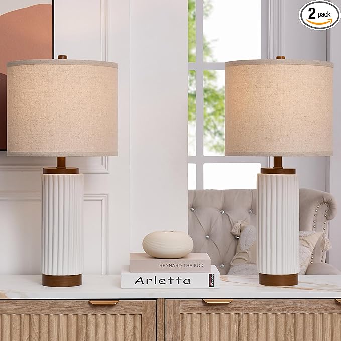 White Ceramic Table Lamp 3 Way Dimmable Nightstand Pottery Lamp Set of 2 with Oatmeal Shade 25" Modern Bedside Desk Lamp with USB A+C for Living Room Bedroom Farmhouse Dining Room Enterway