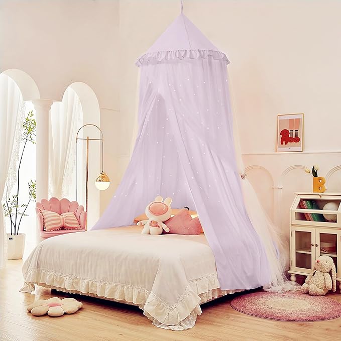 Eimilaly Princess Bed Canopy for Girls, Double Layer Canopy with Cutout Stars, Breathable Dream Canopy & Washable Purple Fabric, Fits Twin/Full Bed - Fairy Bed Tent for Kids Room Decor, Purple