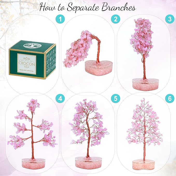 Crocon Rose Quartz Heart Shape Base Crystal Tree Gifts for Women, Healing Crystals Tree of Life Present Crystal Feng Shui Bonsai Trees for Positive Energy Good Luck Home & Office Decoration Gifts