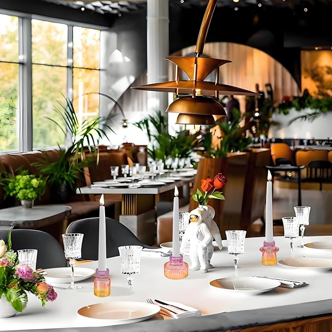 Double Sided Vintage Ribbed Taper Glass Candle Holders,Tea Candle Holder for Table Centerpieces, Wedding Decorations and Dinner Parties (Purple-Pink-Yellow, 3 PCS)