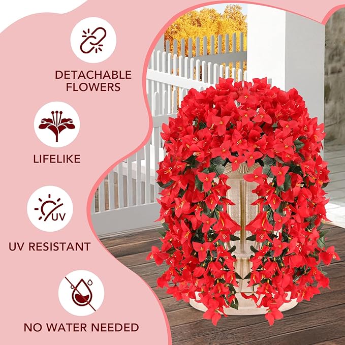 Artificial Bougainvillea Flowers for Outdoor Plant,2 pcs Faux Hanging Flowers Bougainvillea for Outside Decoration,Fake Silk UV Resistant Vines for Front Door Porch(Red)