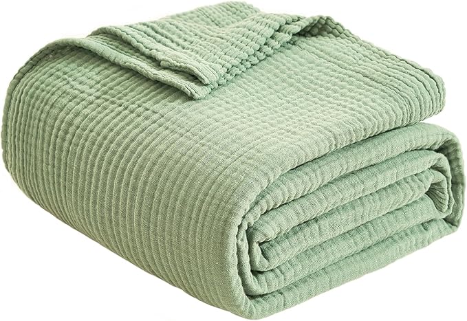 EMME Cotton Twin Blanket for Couch Soft Airy Muslin Bed Blankets Lightweight Breathable Blanket All Season Gauze Blanket, Sage Green