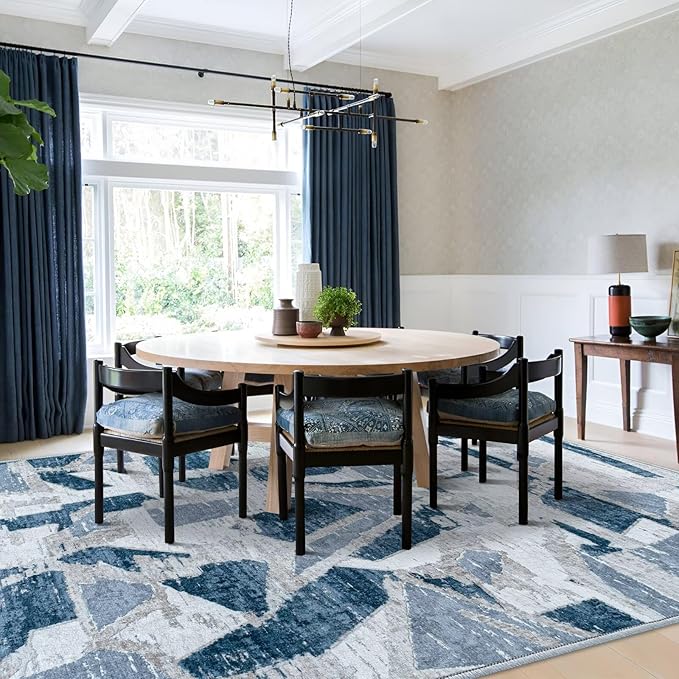 Modern Abstract Blue 6X9 Area Rug for Living Room Bedroom Washable, with Non-Slip Rubber Backing Print Faux Wool Thin, Throw Large Carpet for Kids Playroom Dining Room Pet & Child Friendly