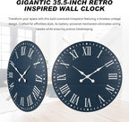 Large Wall Clock with Roman Numeral, 35” Shiplap Wall Clock Farmhouse Nearly Non-Ticking, Round Clock for Living Room Decor, Office, Bedroom, Entrance, Blue