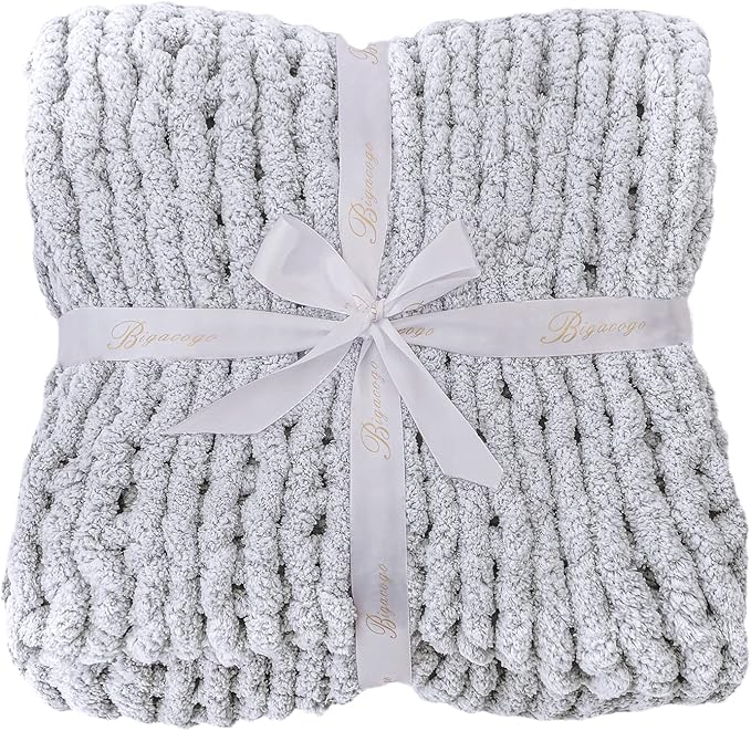 Bigacogo Chunky Knit Throw Blanket for Couch, 40x40 inches, 100% Hand Knitted with Thick Jumbo Chenille Yarn, Cozy Soft Large Rope Knot Cable Crochet Blankets for Sofa Bed Living Room, Light Grey