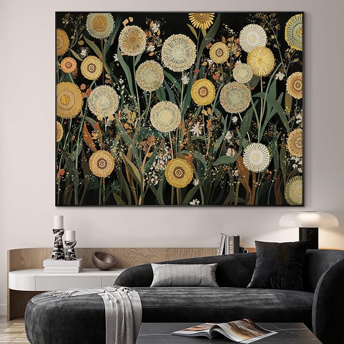 SIGNWIN 46"x60" Extra Large Framed Wall Art Whimsical Dandelion Field in Yellow and Green, Playful Botanical Print for Home Living Room Bedroom Decor (Frame Assembly Required)