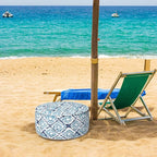 Inflatable Ottoman Stool D21 xH9 for Outdoor/Indoor Use, Water Repellent Patio Foot Rest with Portable Handle,Round Pouf Ottoman Suitable for Garden,Deck and Camping - Boho Geometry Blue