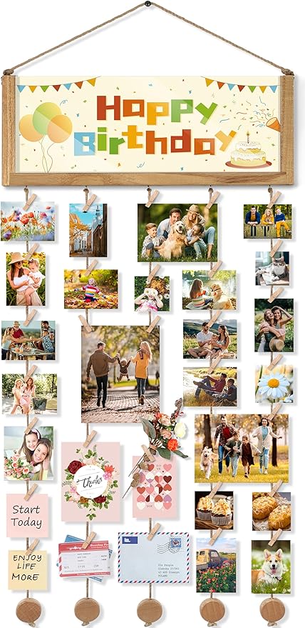 Bikoney Rustic Picture Frames Collage Wall Decor - Happy Birthday Banner Photo Hanging Display for Dorm Room Home with Gift Card Storage and 30 Clips