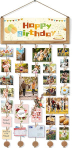 Bikoney Rustic Picture Frames Collage Wall Decor - Happy Birthday Banner Photo Hanging Display for Dorm Room Home with Gift Card Storage and 30 Clips
