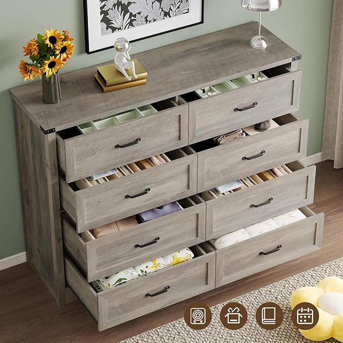 8-Drawer Dresser for Bedroom, Modern Wooden Chest of Drawers with Metal Handles, Anti-Tipping Design, Sturdy and Stable Storage Organizer for Living Room, Entryway, Home Office, Standard