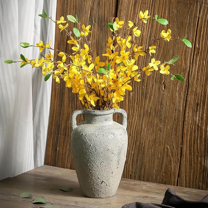 Ceramic Vase with 2 Handles, 8.85 inch Tall Vintage Farmhouse Flower Vase for Home Decor, Wide Mouth, Living Room Shelf Decor, Enterway, Table