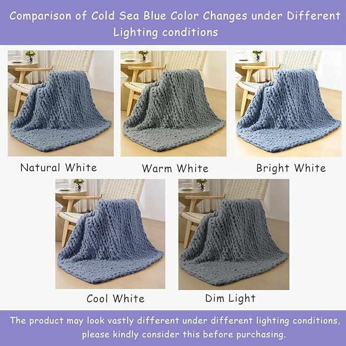 Bigacogo Chunky Knit Throw Blanket for Couch, 40x40 inches, 100% Hand Knitted with Thick Jumbo Chenille Yarn, Cozy Soft Large Rope Knot Cable Crochet Blankets for Sofa Bed Living Room, Cold Sea Blue