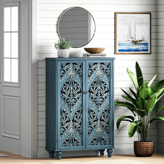 47" Tall Accent Cabinet with Doors and Shelves, Storage Cabinet with Solid Wood Legs for Living Room,Entryway,Dining Room,Bedroom,Blue