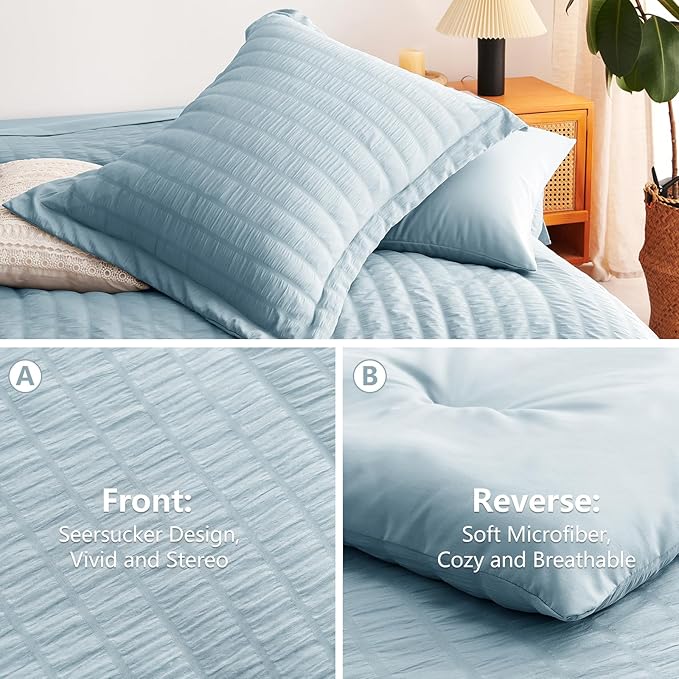 CozyLux Full Size Comforter Sets with Sheets Seersucker 7 Pieces Light Blue Bed in a Bag Textured Luxury Soft Bedding Set with Down Alternative Comforter, Sheets, Pillowcases & Shams for All Seasons