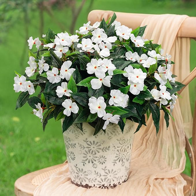 Artificial Impatiens Bouquet Flowers for Outdoors Silk Faux Flowers for Outdoor Impatiens Plants Decor Indoor Planters Kitchen Planters and Balcony Decorations 4PCS (White)
