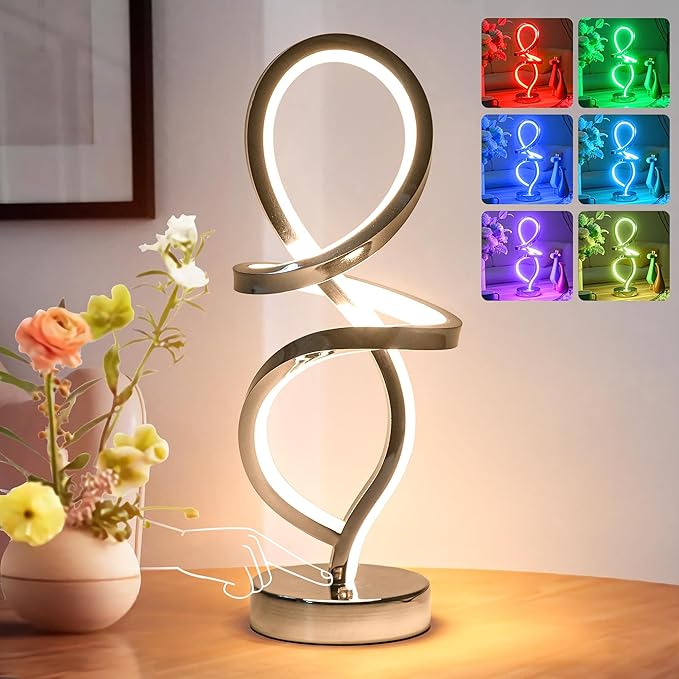 Mayful Modern RGB Table Lamp with LED Spiral Design, Silver Bedside Lamp & Nightstand Lamp, Touch Dimmable with 7 Colors & 10 Modes for Bedroom, Living Room, Home Office, 15W